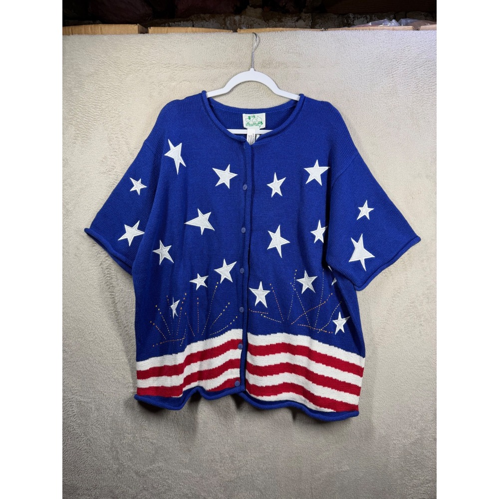 Quacker Factory Cardigan Women 2X Blue Americana Patriotic Star Button Sweater